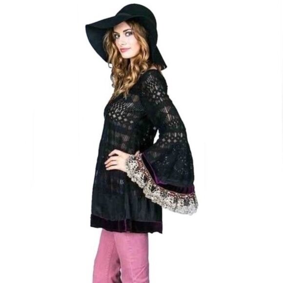 RARE Free People Black Lace Velvet Silk Bell Sleeve Whimsigoth Mini Dress Tunic - Picture 4 of 16